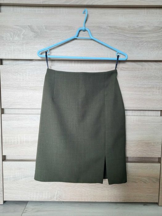 Garnitur damski żakiet+spodnie+spódnica używany oliwkowy, 36 (S)