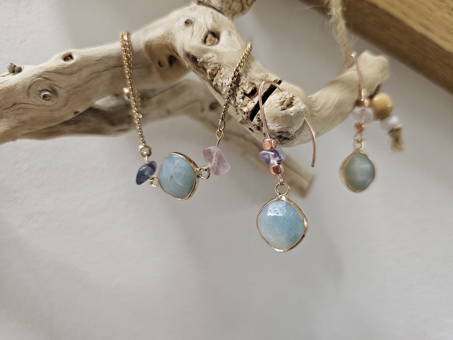 Komplet amazonit ametyst różowe złoto kolczyki i bransoletka