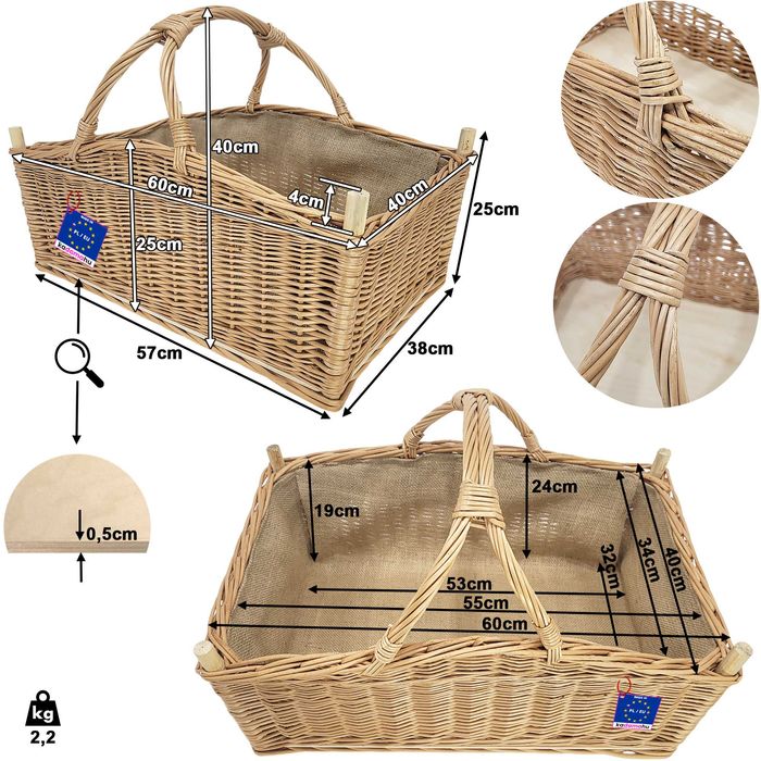 Duży kosz wiklinowy obszyty materiałem Juta na drewno 60x40x40cm