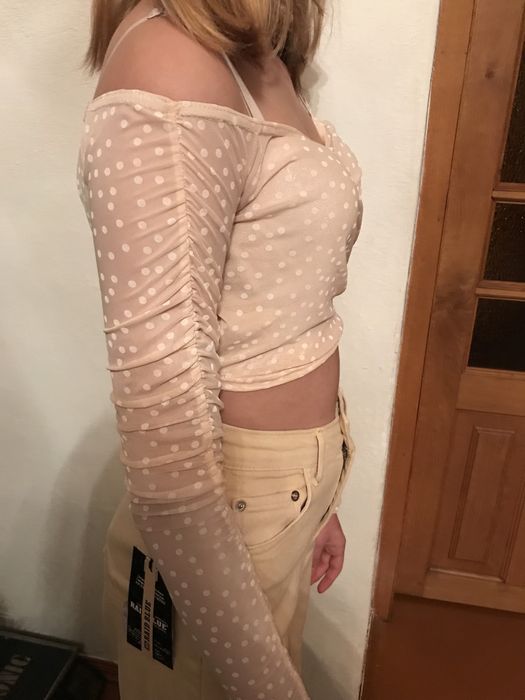 Топ топик в горошек сетка пудровый цвет S размер