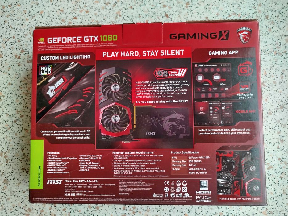 Відеокарта MSI GTX 1060 gaming x 3gb ddr5