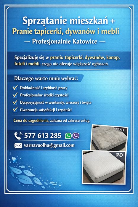 Sprzątanie + pranie mebli Katowice