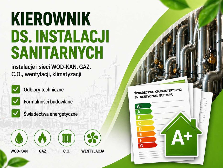 Kierownik robót instalacji sanitarnych - odbiory, protokoły, świadectwa charakterystyki energetycznej.
