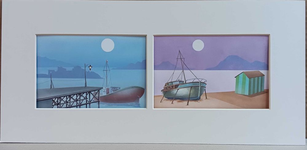 4 mini-paineis com litografias do Séc. XX - "Barcos"