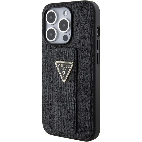 Etui Guess Grip Stand 4G Triangle Strass na iPhone 15 Pro - czarne