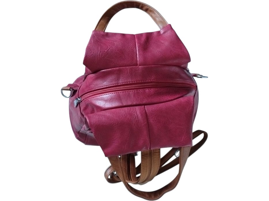 Modny Czerwony Worek Na Ramię - Plecak Damski, 6 Kieszeni, Ekoskóra