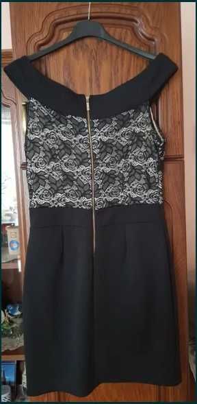 sukienka biało czarna na ramiona w kwiaty z koronki rozmiar 40