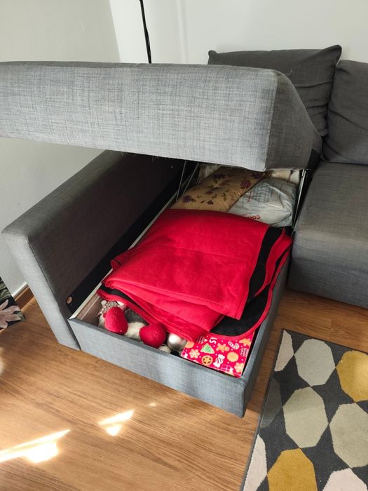 Sofá com Chaise Longue, Sofá-Cama e Arrumação – Cinzento