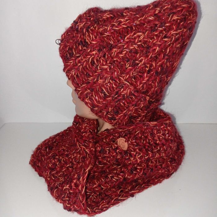 Wyprzedaż Handmade czapka i komin zestaw burgundowy połysk