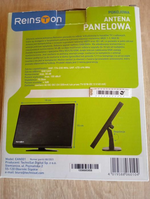 Antena wewnętrzna aktywna Reinston EAN001 DAB+ DVB-T2 UHF Filtr 5G/LTE