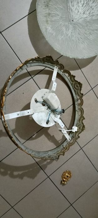 Duży Pałacowy Plafon XXL 55 cm Mosiądz Szkło Lodowe Vintage Retro