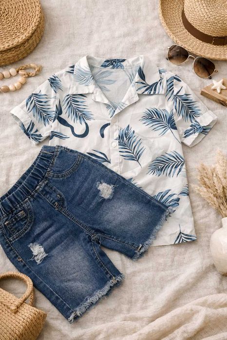 Letni zestaw: koszula w liście + jeansowe szorty