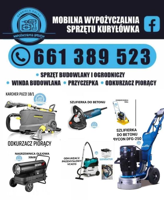 Wypożyczalnia Sprzęt przecinarka rusztowanie glebogryzarki winda laser