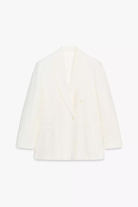Двубортный блейзер из льняной смеси от zw collection zara, білий піджак з льону zara