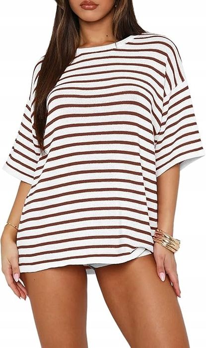 Damski dres dwuczęściowy, wiskozowy, w paski, XL, biało-brązowy