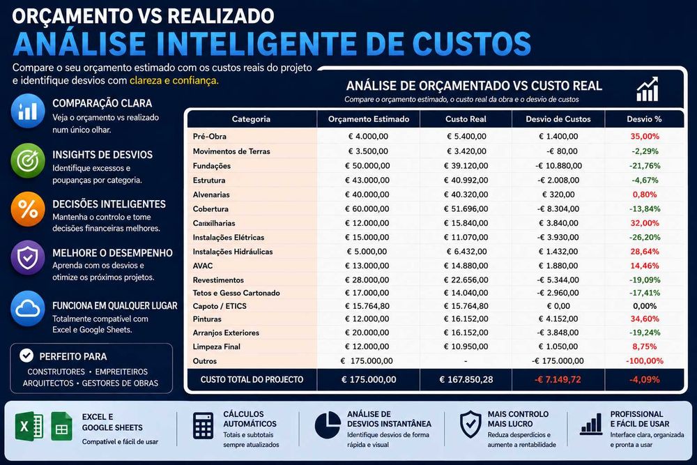Folha de Cálculo Excel Orçamento Construção, Remodelação e Obras | Custos de Obra + Dashboard + Folha de cálculo Orçado vs Real