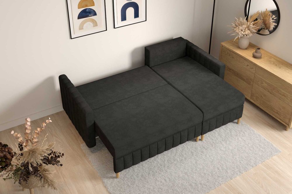 Narożnik Malmo. Rogówka. Sprężyny bonell, automat, welur, 2 pojemniki