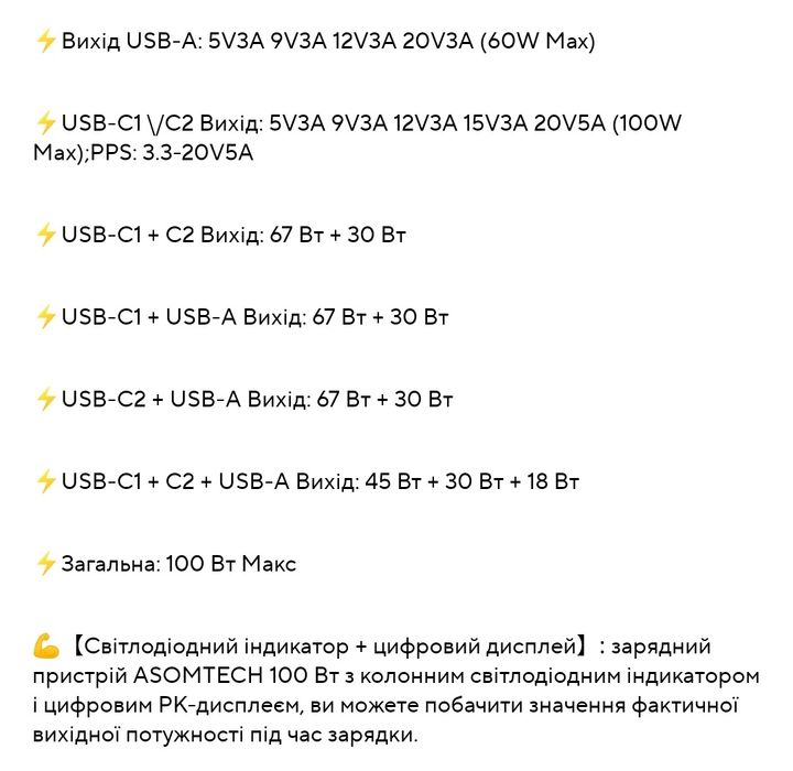 Універсальна зарядка Asometech 100W GaN з дисплеєм потужності пристрій