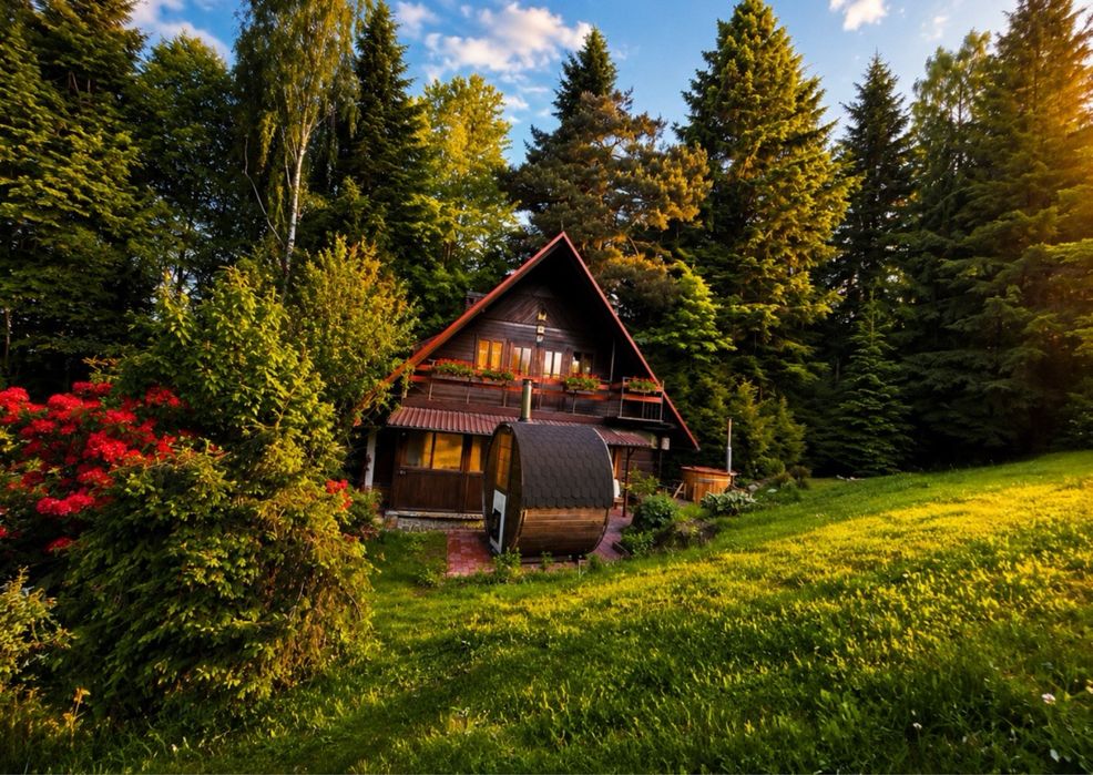 Klimatyczna chata pod lasem na uboczu balia i sauna w cenie pobytu na wyłącznosc cisza i spokoj śpiew ptaków