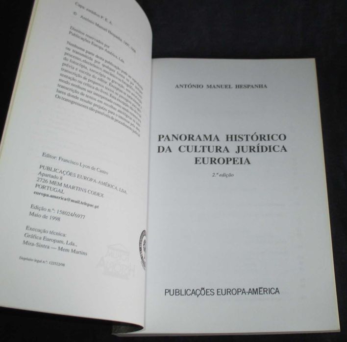 Livro Panorama Histórico da Cultura Jurídica Europeia António Hespanha