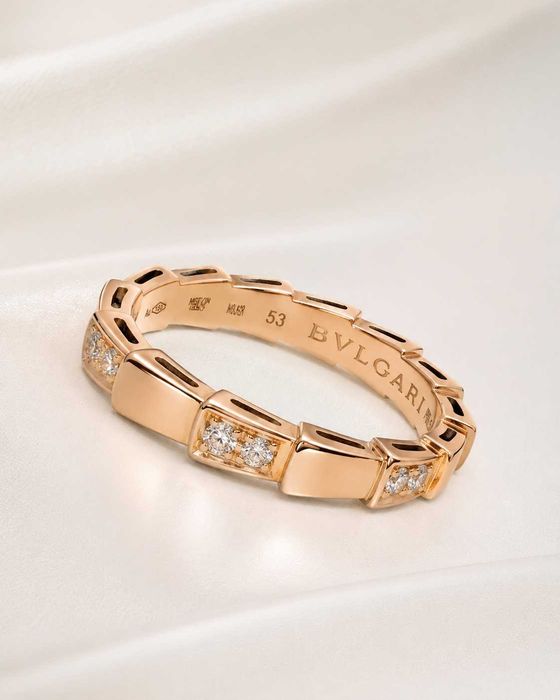 Oryginalny pierścionek BVLGARI z diamentami, różowe złoto pr. 750 + certyfikat