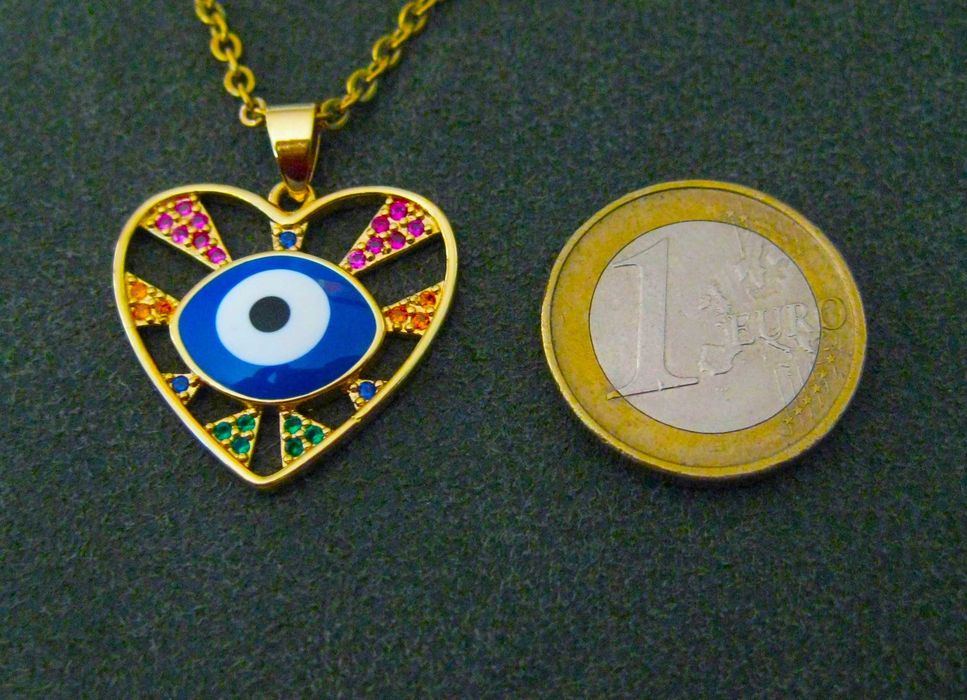 Colar Aço Dourado e  Coração c/ Raios Cristais e Olho NOVO