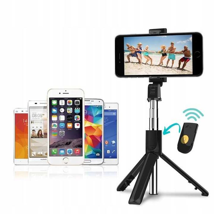 Selfie Stick Statyw 3w1 Metalowy Czarny Pilot Bluetooth turystyczny