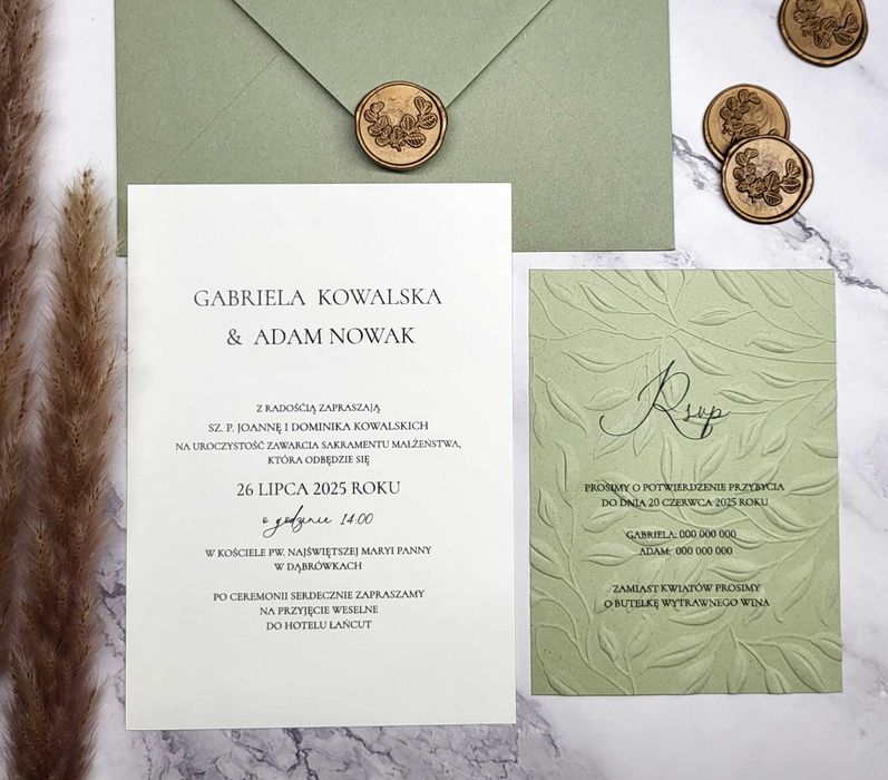 Zaproszenia z tłoczeniem, botaniczne ,liście