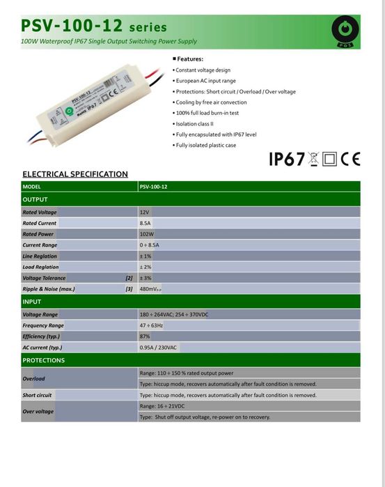 Блок живлення для світлодіодів 8,5A, 12VDC, PSV-100-12