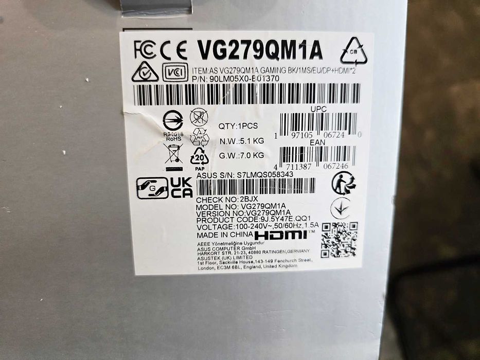 MONITOR Asus TUF VG279QM1A 27'' LED IPS 1920x1080 1ms 280Hz HDMI DP