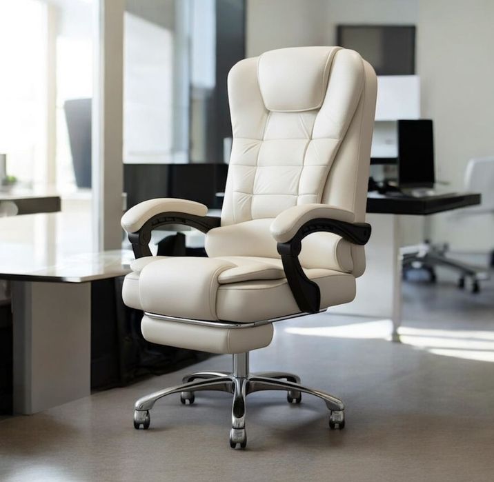 NOWY Fotel z Podnóżkiem Obrotowy Krzesło Biurowe Kremowe PREMIUM‼️