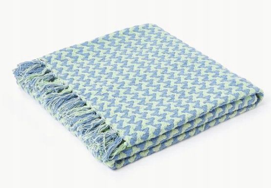Ręcznie tkany koc z bawełny z frędzlami Lioba Jasny zielony, niebieski
