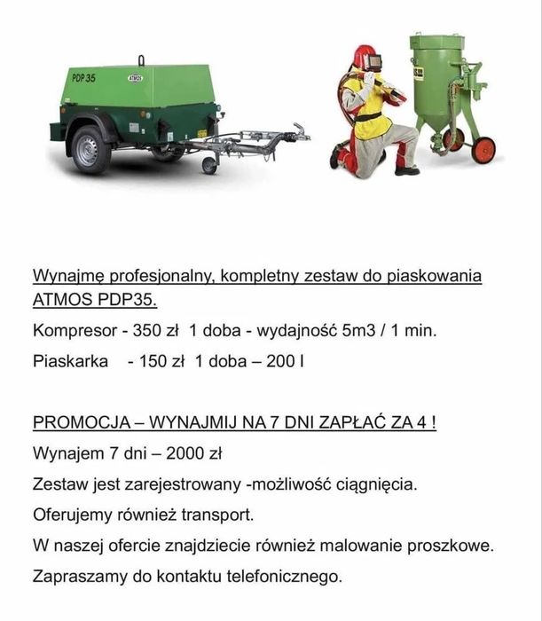 Piaskarka mobilna kompresor ATMOS PDP35 wynajem malowanie proszkowe