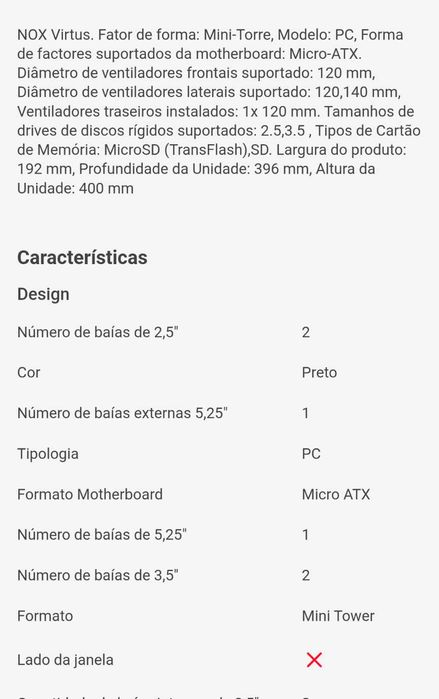 Caixa PC NOX Virtus (Mini ITX Tower - Preto)
