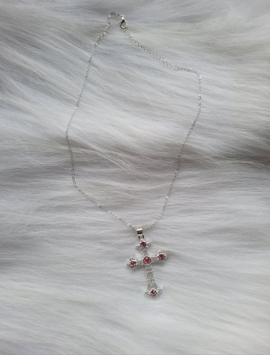 Nowy srebrny naszyjnik łańcuszek z przywieszka krzyż  coquette lolita