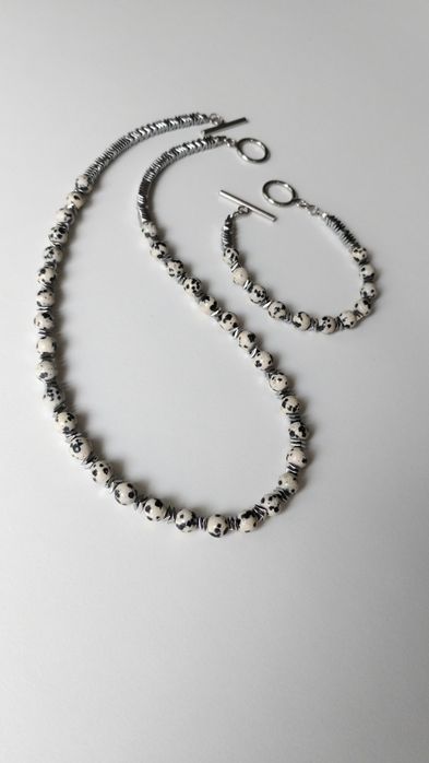 Komplet biżuterii jaspis dalmatyński stal chirurgiczna hematyt