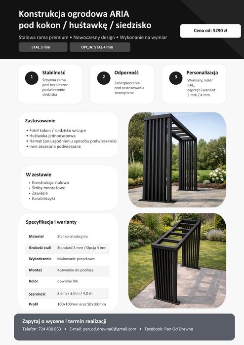 Nowoczesna huśtawka ogrodowa / stelaż stalowy czarny – loft, premium