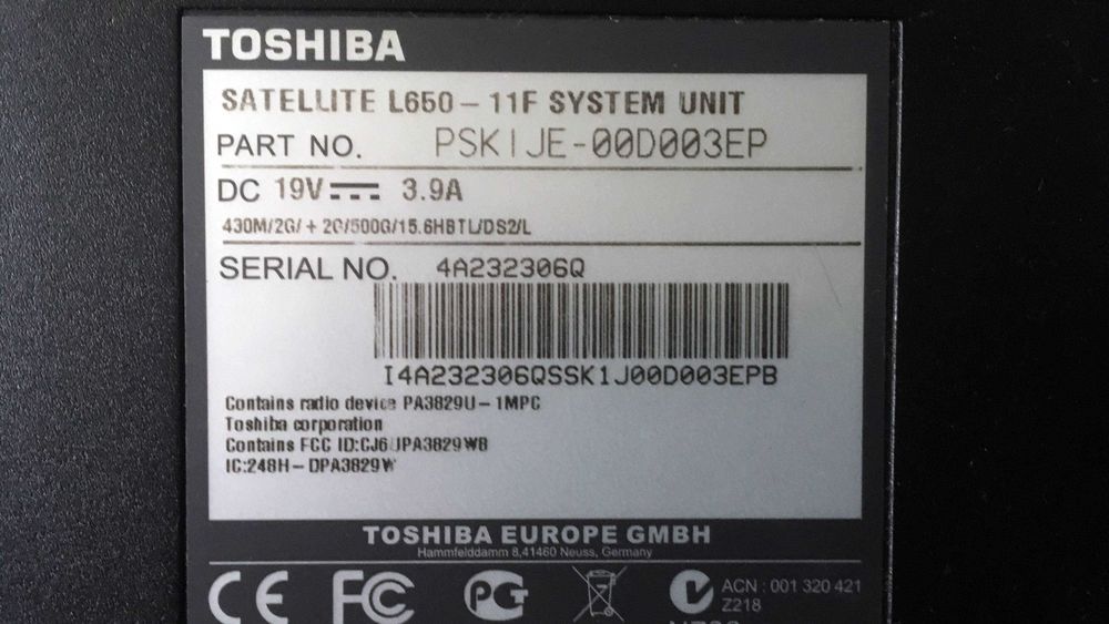 Toshiba Satellite L650-11F (PSKIJE) for sale – components only.64585107863810121