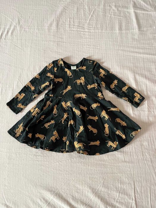 Vestido H&M verde-escuro com leopardos, manga comprida, 6-9 meses