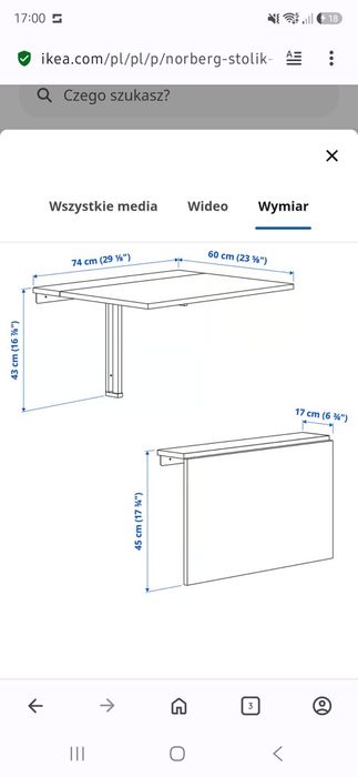 Stolik składany ścienny, Ikea model NORBERG biały, 74x60 c