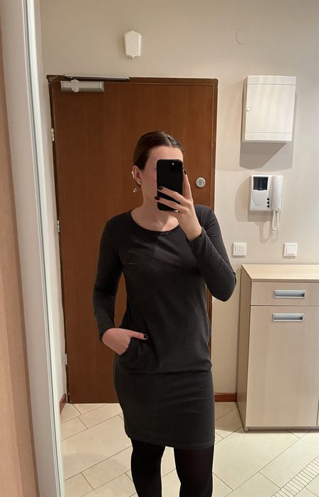 Szara bawełniana sukienka z długim rękawem L