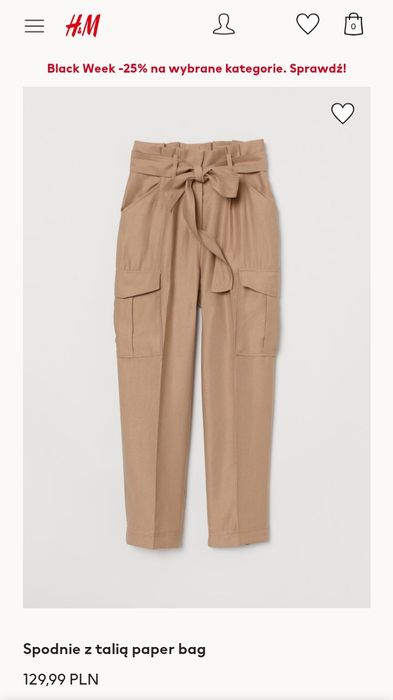 Karmelowe spodnie H&M z talią paper bag 36r