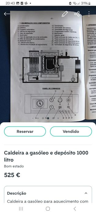 Caldeira a gasóleo e depósito de 1000 litros.