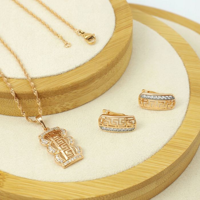 Piękny Gruby Damski Naszyjnik Łańcuszek Grecki + Kolczyki Z Cyrkoniami