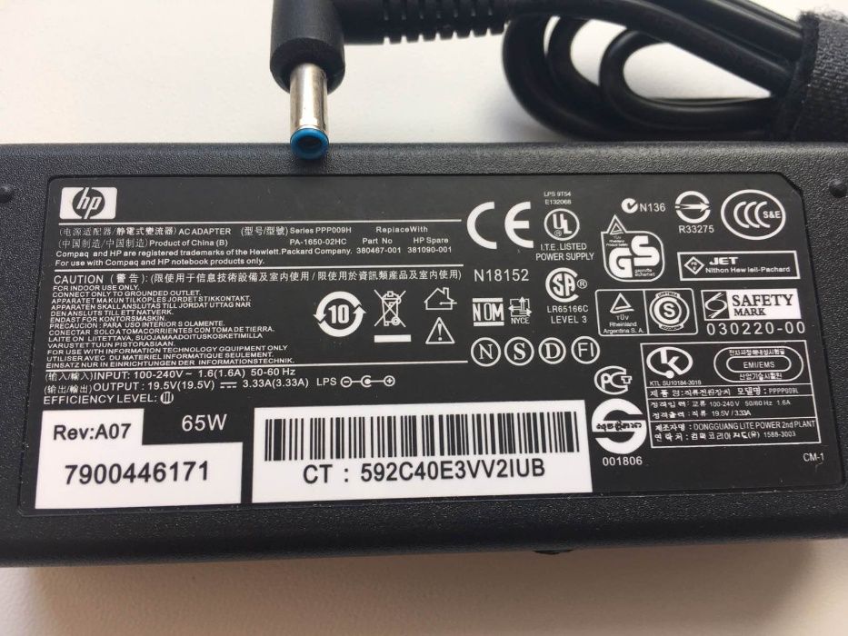 Зарядка,Блок питания для ноутбука HP 19.5V 3.33A 65W 4.5*3.0 blue tip