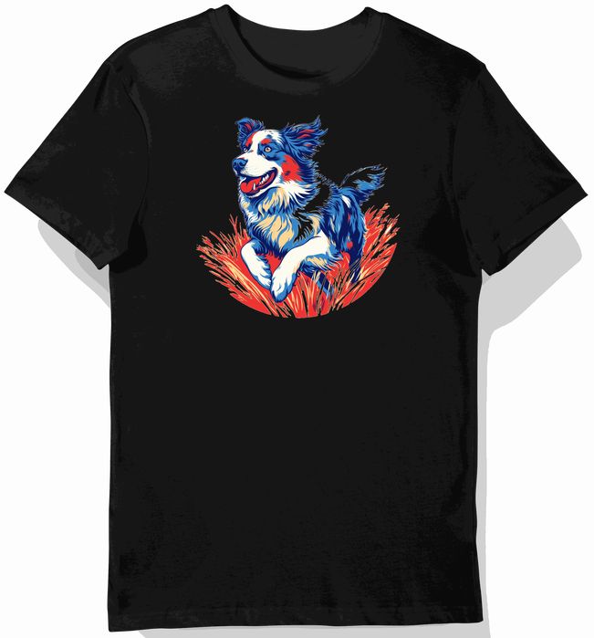 Koszulka męska czarna z motywem australijskiego pasterza w ruchu S