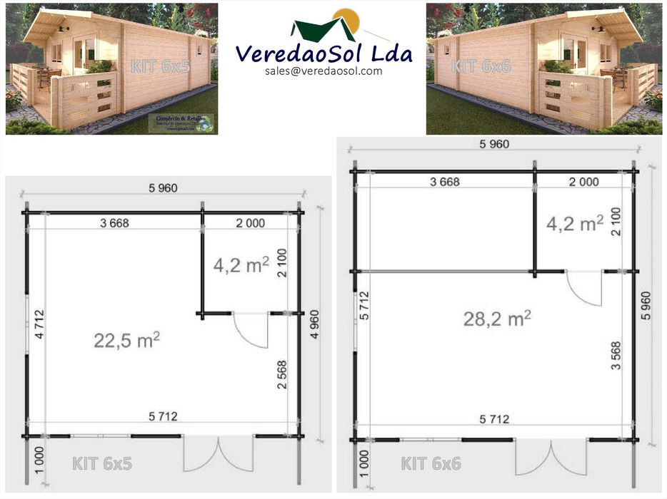 Casa madeira 5x4 m Sala c.d. banho - Área coberta 27m² em 5 variações