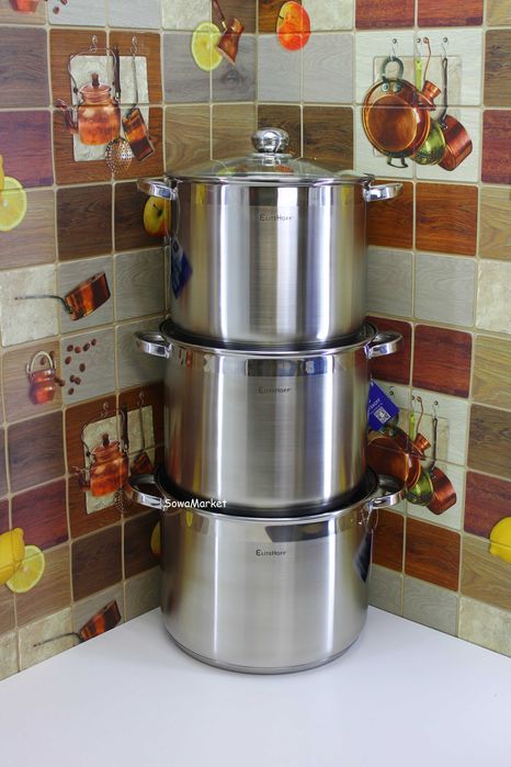 Zestaw 3 garnków 20L, 18L, 15L Grube dno GAZ indukcja EliteHoff E4300