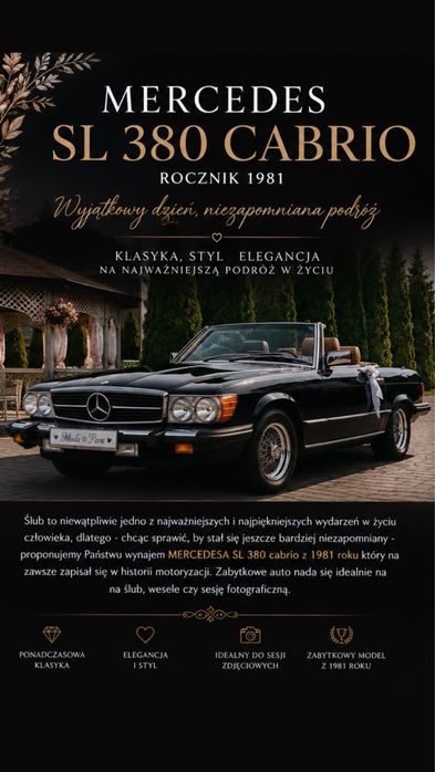 Auto samochód do ślubu wesele sesja Mercedes SL 380 cabrio r107 silnik V8