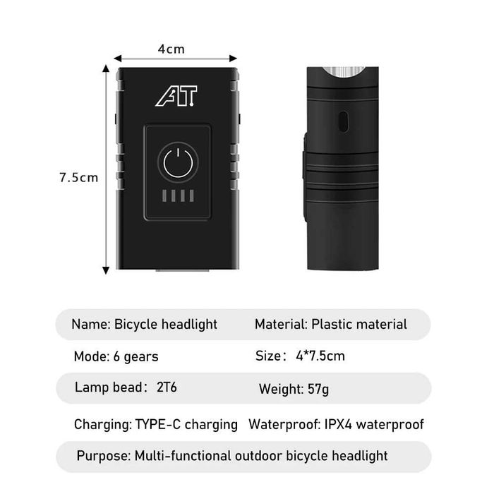 Mocne światło rowerowe LED - 6 trybów, wodoszczelne, USB-C